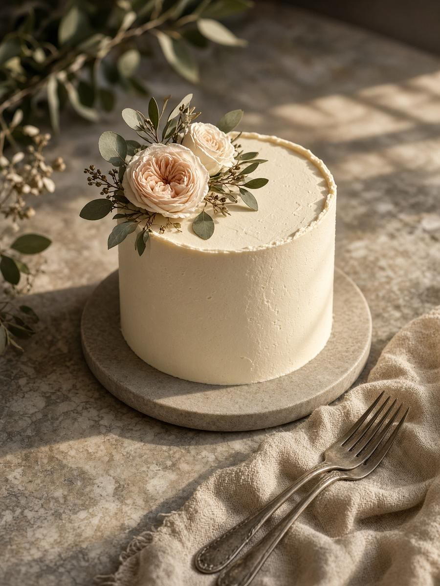 Small ivory wedding cake with garden roses