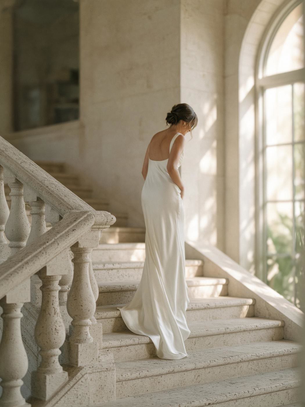 Bride in an ivory dress on a sunlit limestone staircase